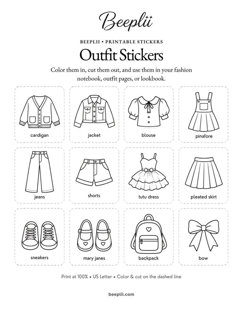 Beeplii Color-Your-Own Fashion Stickers | 60 Printable Stickers | Kids Activity | Instant Download