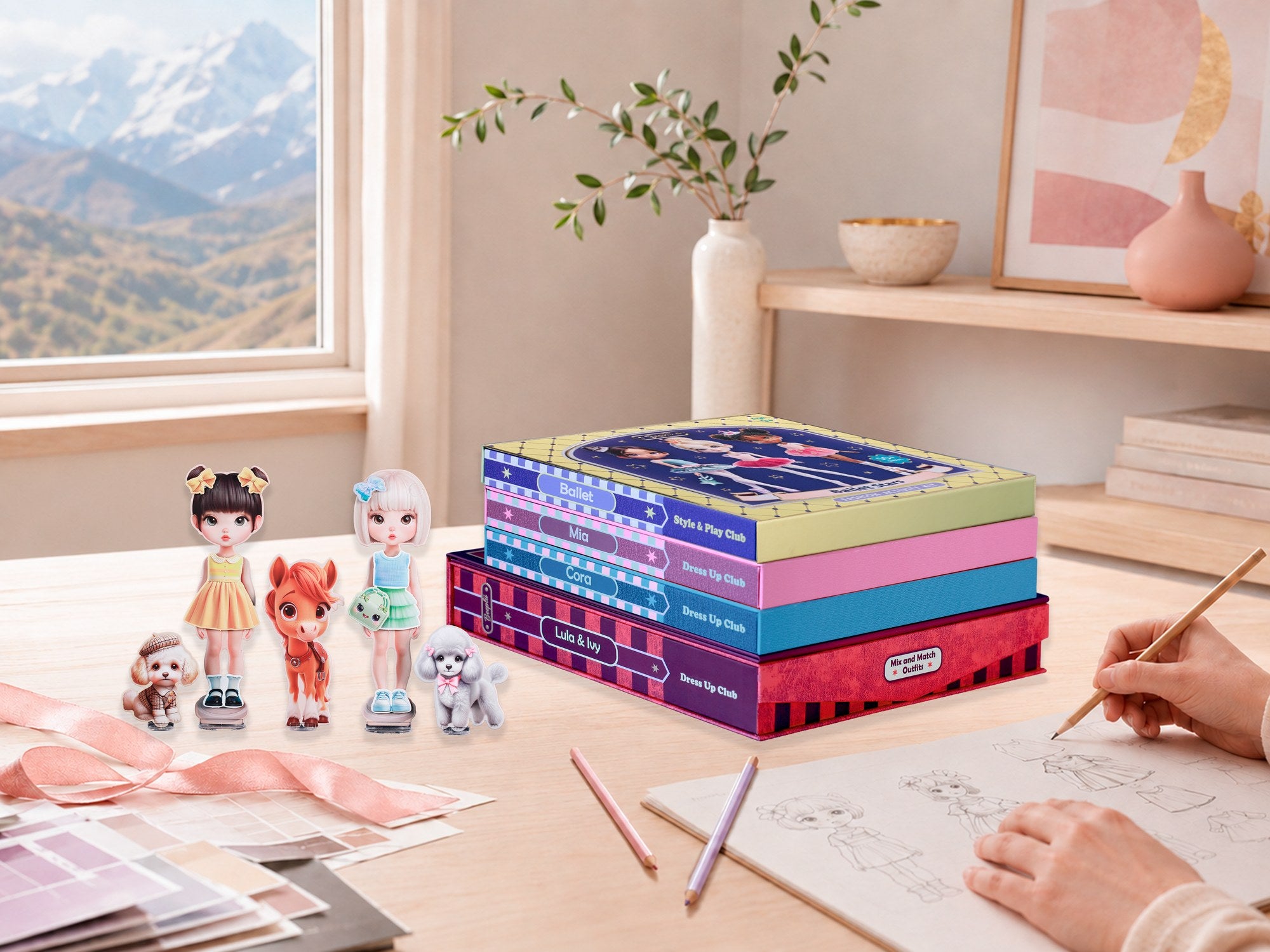 A Beeplii studio desk — the four-kit family stacked like books beside Mia, Cora, their pets, and their pony Penny, with hand-drawn fashion sketches, color swatches, and a soft mountain view through the window