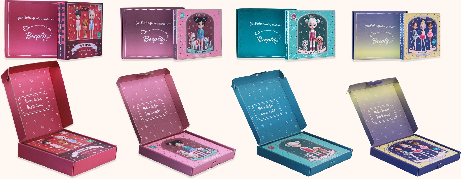 The four Beeplii kits arriving in their soft-touch outer presentation boxes