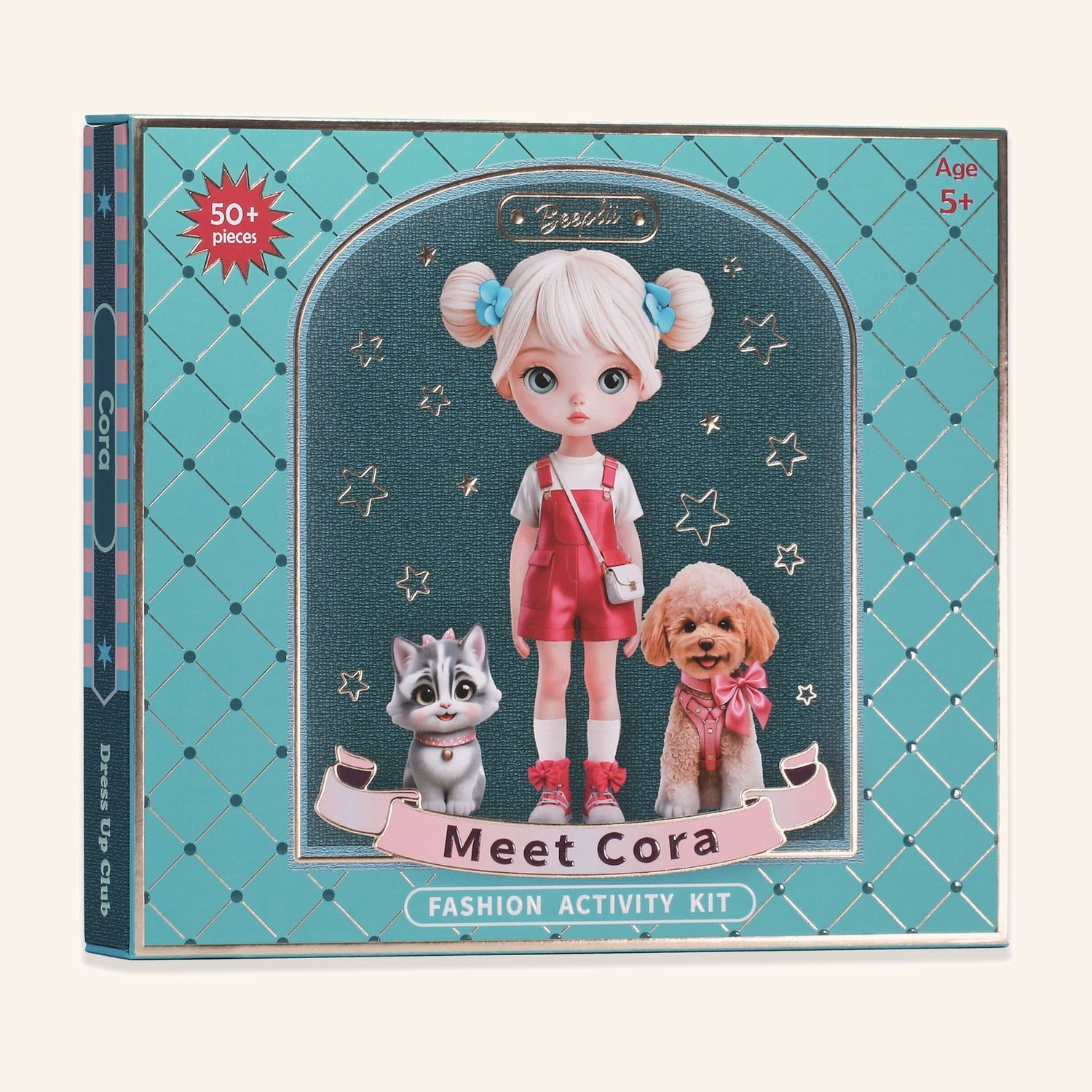 Meet Cora kit. Teal keepsake box framing Cora with her grey-striped kitten and apricot poodle, on a teal-tinted atmospheric backdrop