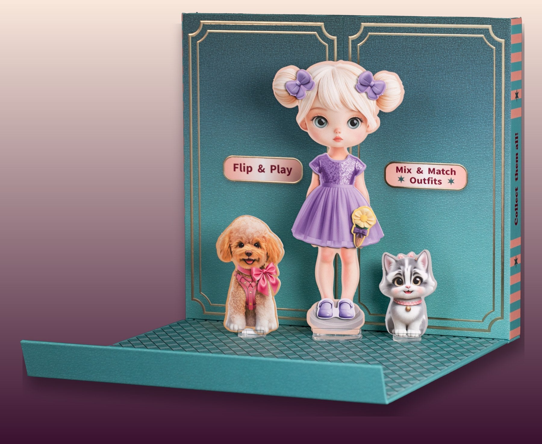 Meet Cora kit unfolded — Cora in a lavender dress with her apricot poodle and grey-striped kitten, against a teal and gold boutique backdrop