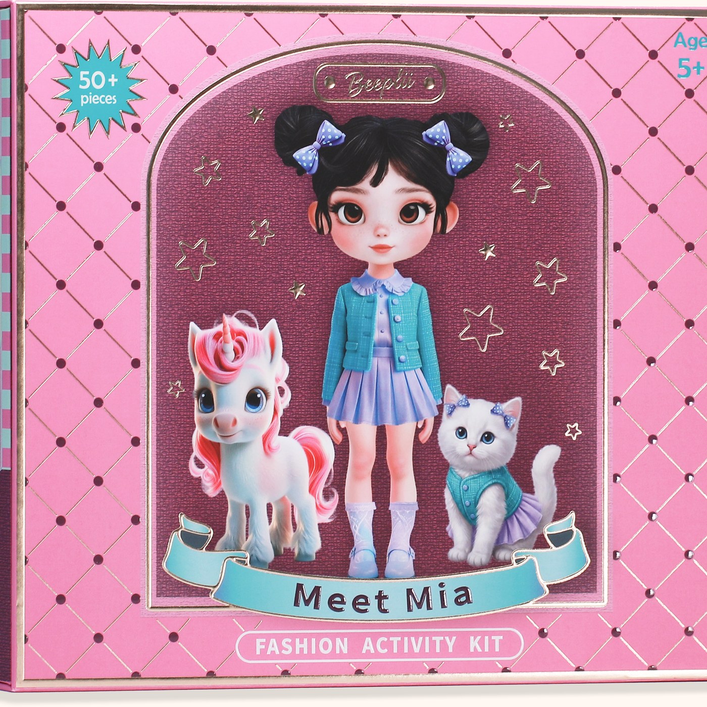 Meet Mia kit unfolded — Mia with white flowers in her hair, a pink unicorn, and a white kitten, against a pink and plum boutique backdrop