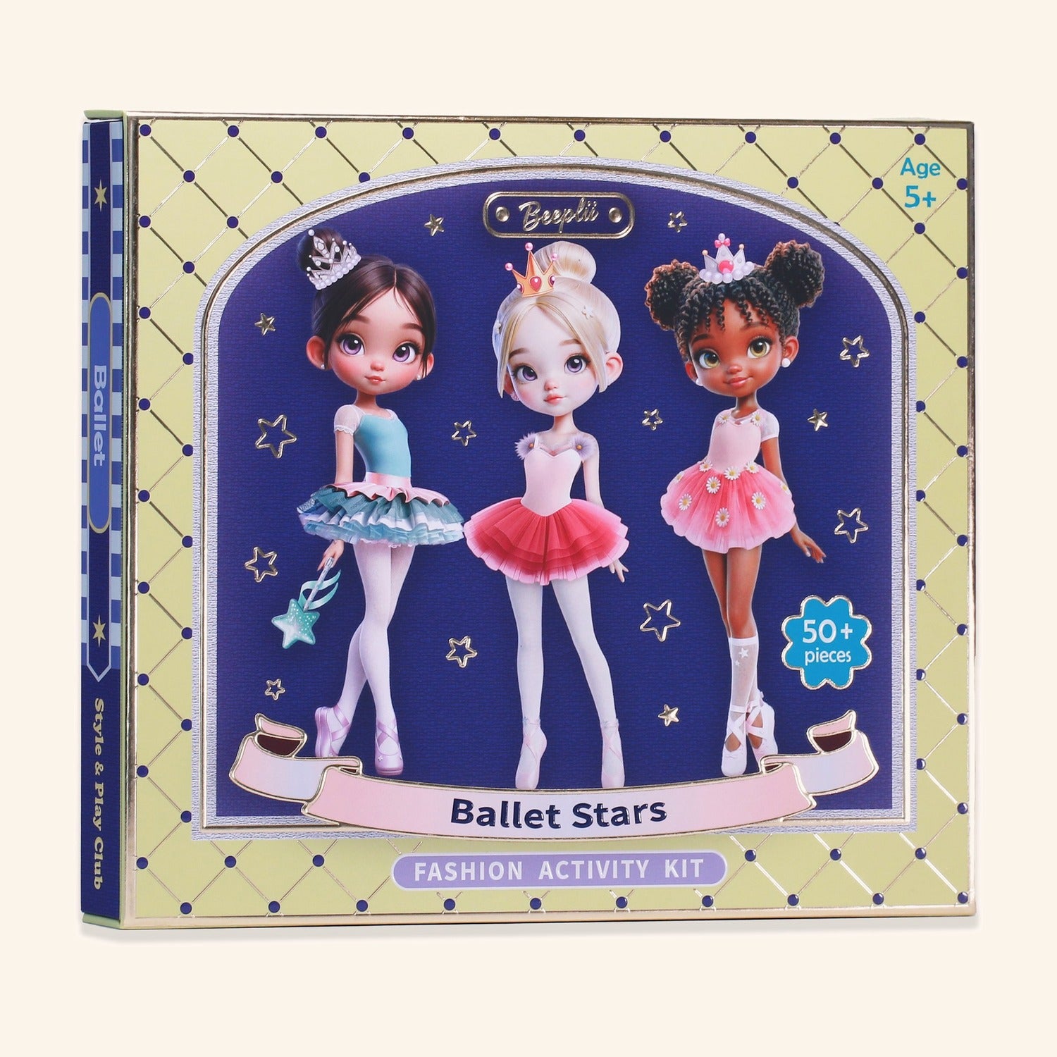 Ballet Stars kit unfolded. Three ballerinas in lavender and purple tutus standing on a checkerboard stage with navy and gold panels, on a cream-to-plum atmospheric backdrop