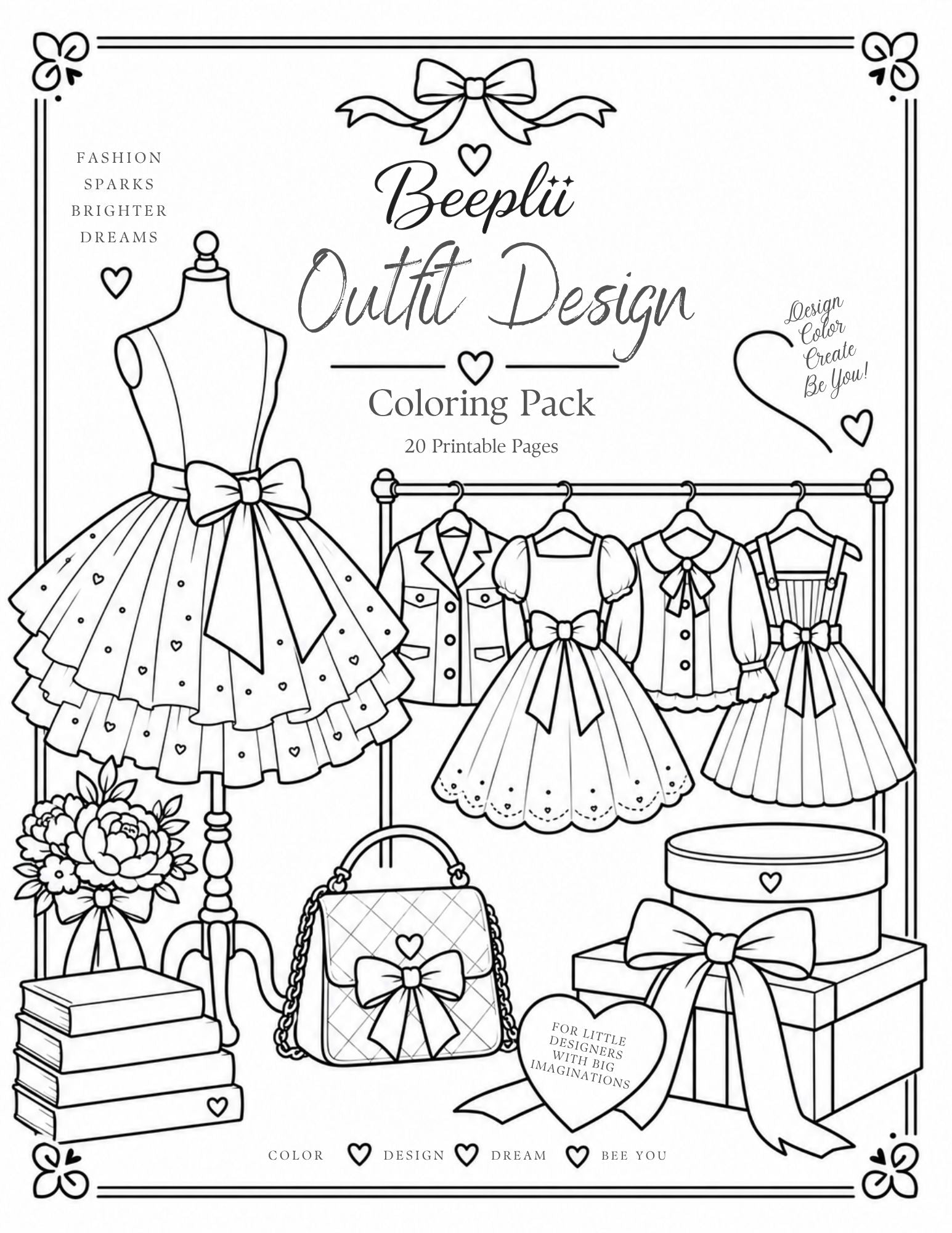 Beeplii Fashion Fun Bundle | Outfit Design Coloring Pack + Color-Your-Own Stickers | Printable | Instant Download
