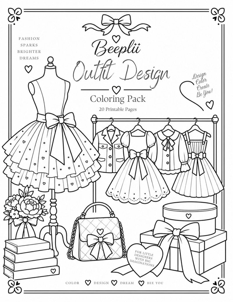 Beeplii Fashion Fun Bundle | Outfit Design Coloring Pack + Color-Your-Own Stickers | Printable | Instant Download