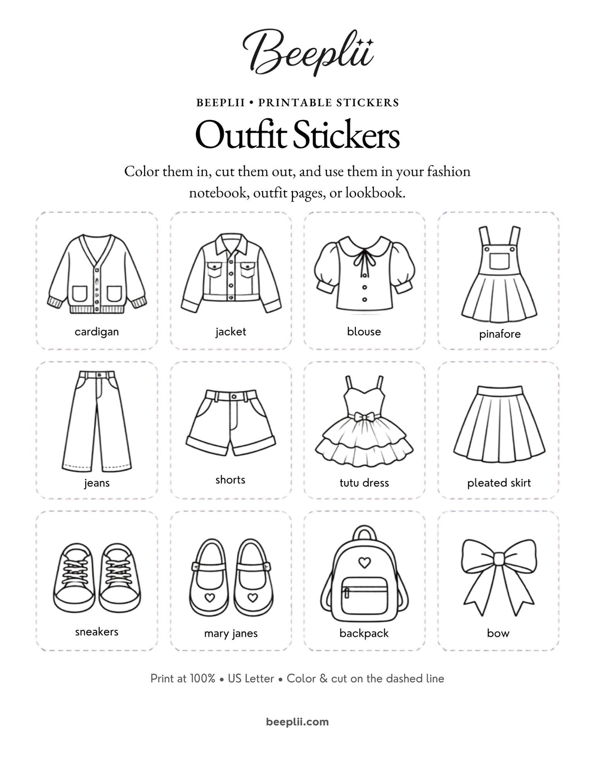 Beeplii Color-Your-Own Fashion Stickers | 60 Printable Stickers | Kids Activity | Instant Download