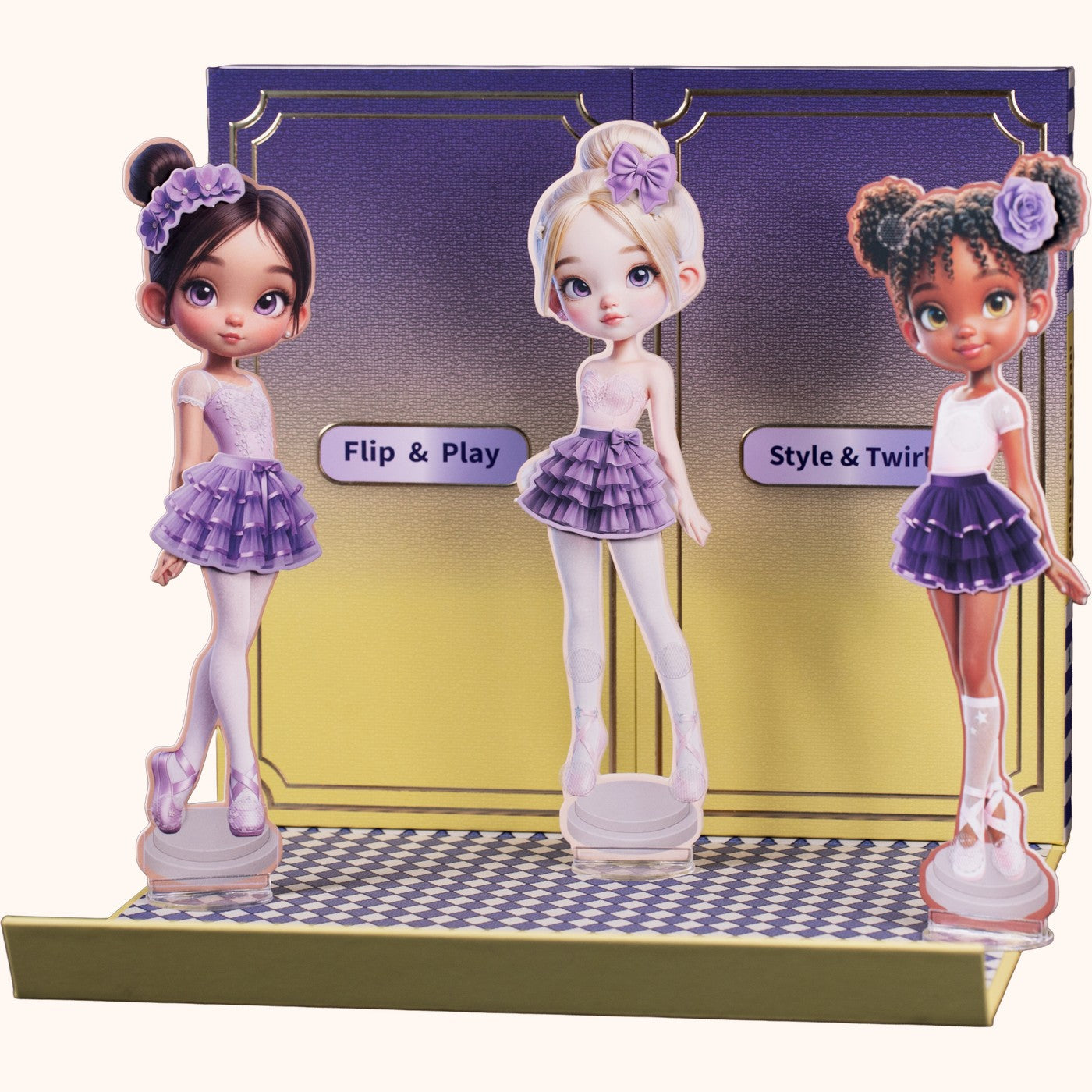 Ballet Stars kit unfolded — three ballerinas in lavender and purple tutus, each with different hair and accessories, standing on a checkerboard stage against a navy and gold boutique backdrop
